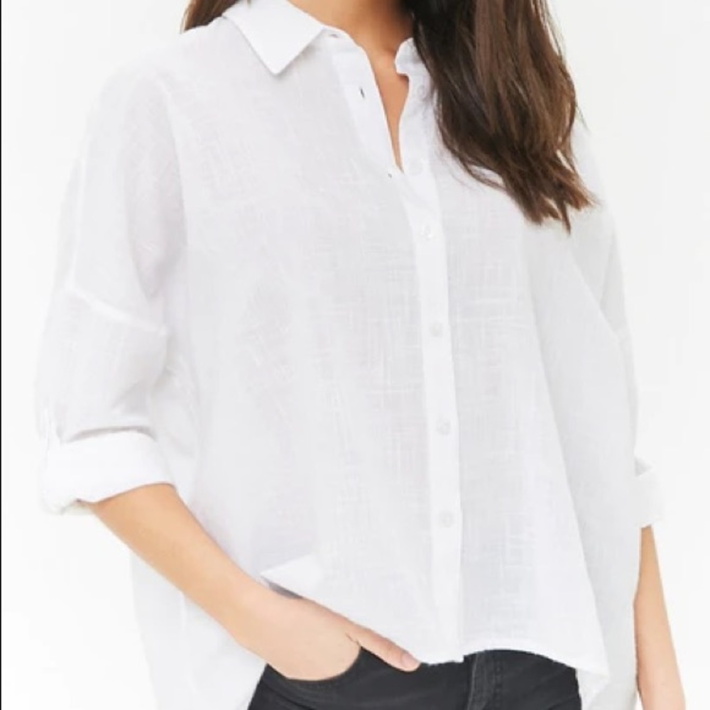 Forever21 Button Down Shirt Women size Small White Long Sleeve Light Collar Top - Picture 4 of 8